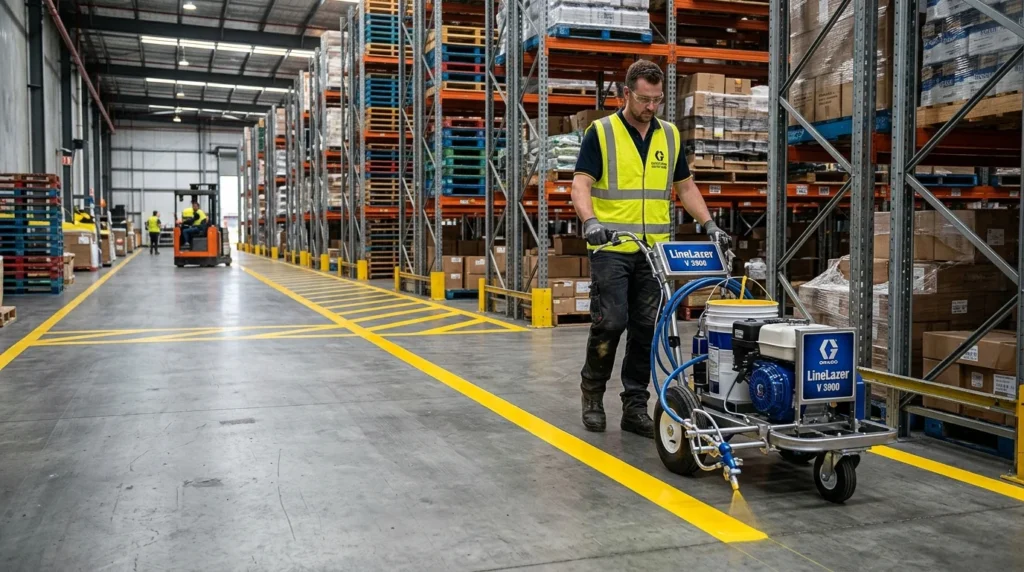 Temporary aisle closure during a phased warehouse painting project