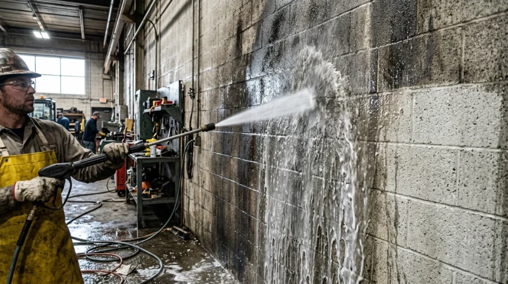 Warehouse wall being cleaned before commercial painting