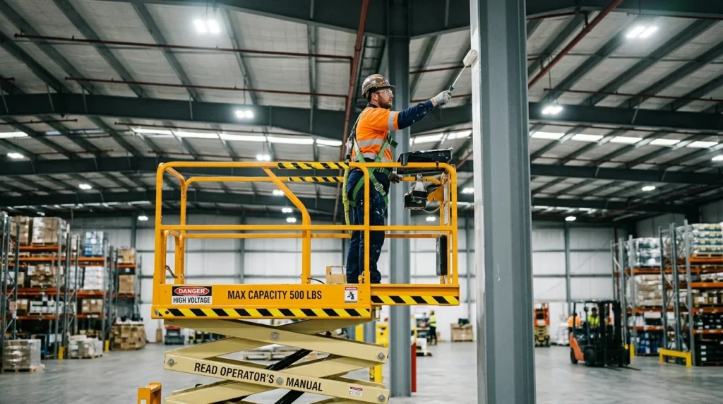 Trained painter using a scissor lift to reach high warehouse walls