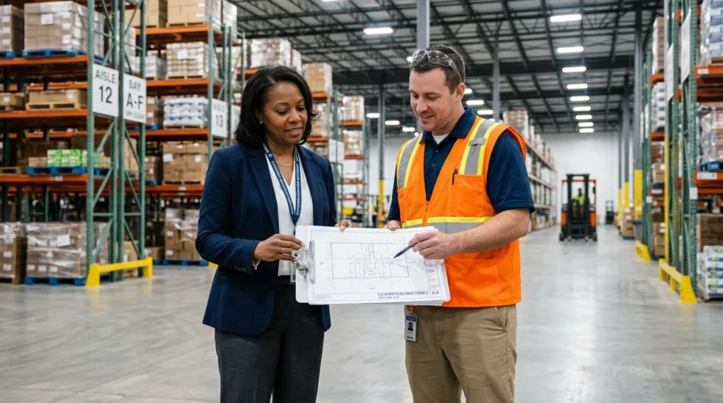 Facility manager reviewing a warehouse painting plan in Cleveland