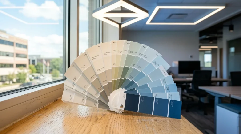 Office paint samples tested under natural and LED lighting