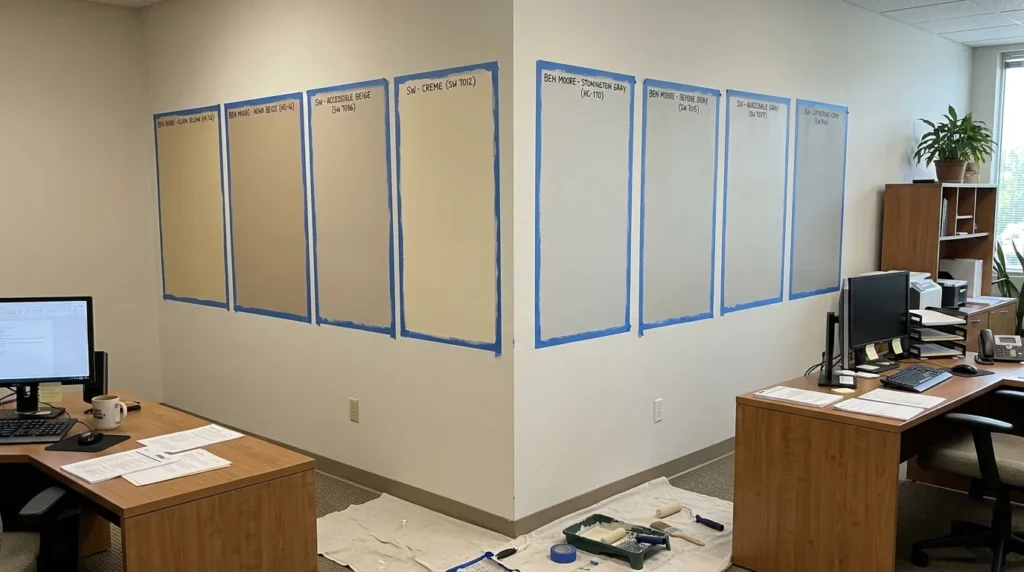 Office brand colors being compared with interior paint samples
