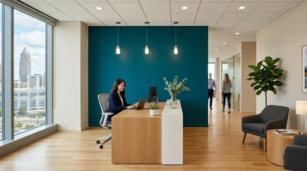 Cleveland office with neutral walls and a branded accent color