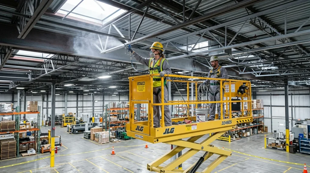 Painting crew using a scissor lift inside a commercial warehouse
