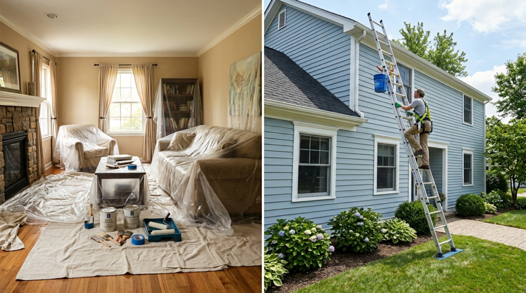 Interior room protection and exterior ladder access during residential painting