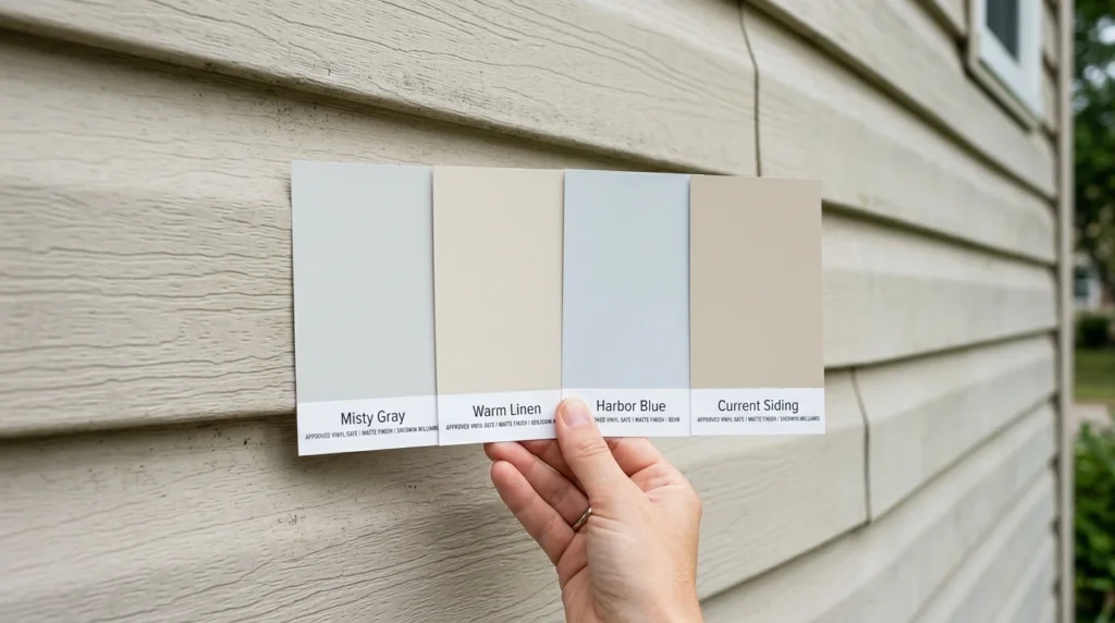 Vinyl-safe exterior paint colors being compared with existing siding
