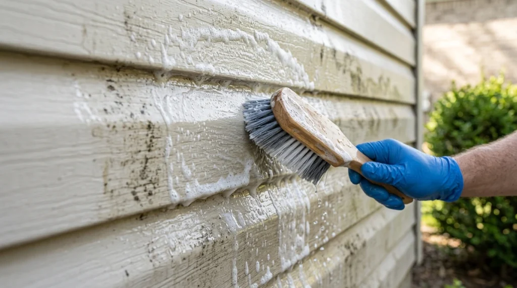 Vinyl siding being cleaned with a soft brush before exterior painting