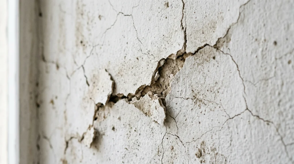 Cracks and loose areas in an old plaster wall before repair

