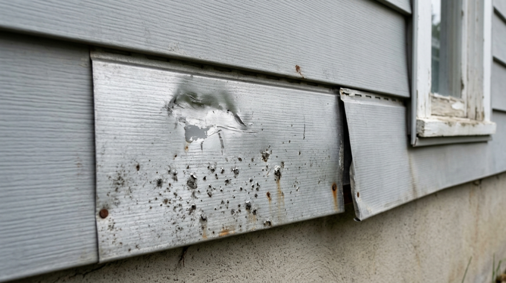 Damaged aluminum siding panel that needs repair before painting