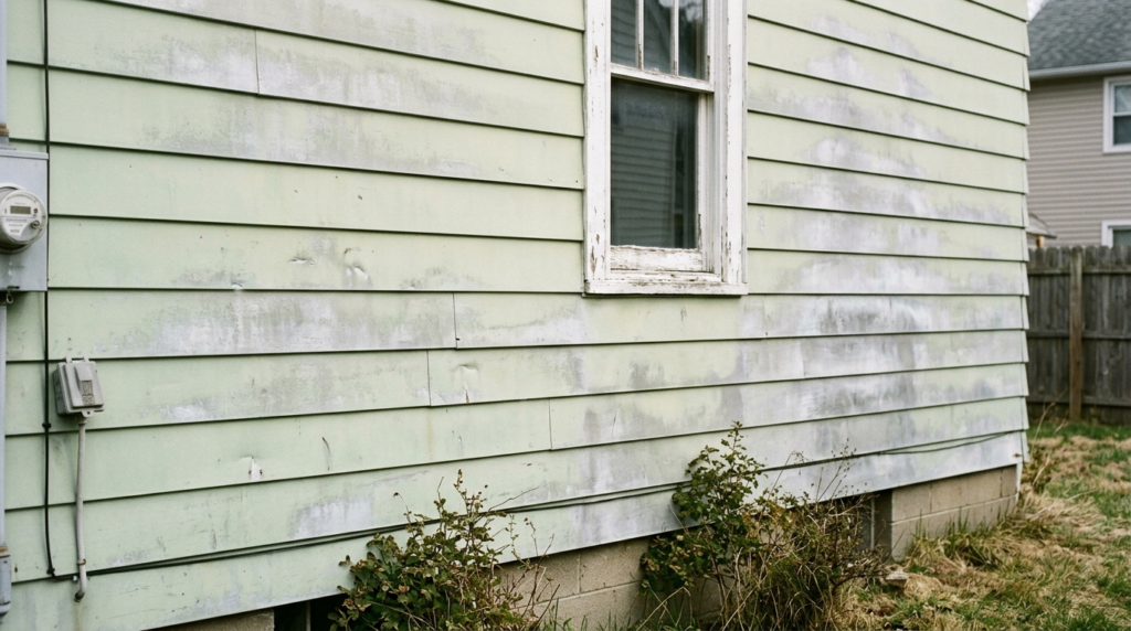 Faded aluminum siding on a Cleveland home before painting