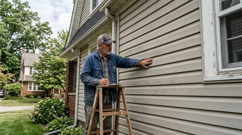 Faded vinyl siding on a Cleveland home being checked before painting