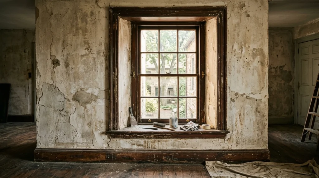 Older plaster and trim should be checked before surface preparation begins.

