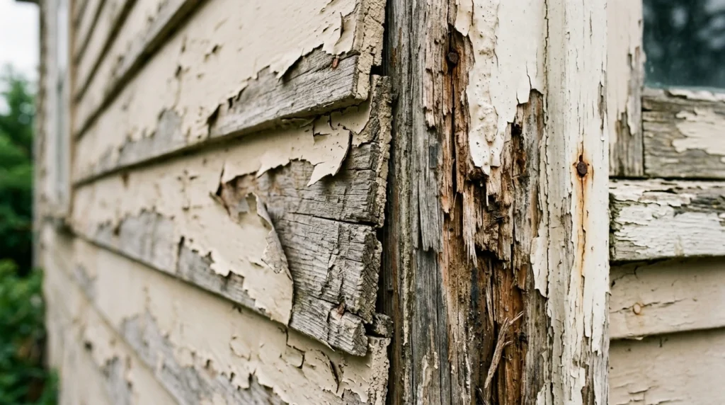 Peeling paint and worn wood siding on an older home