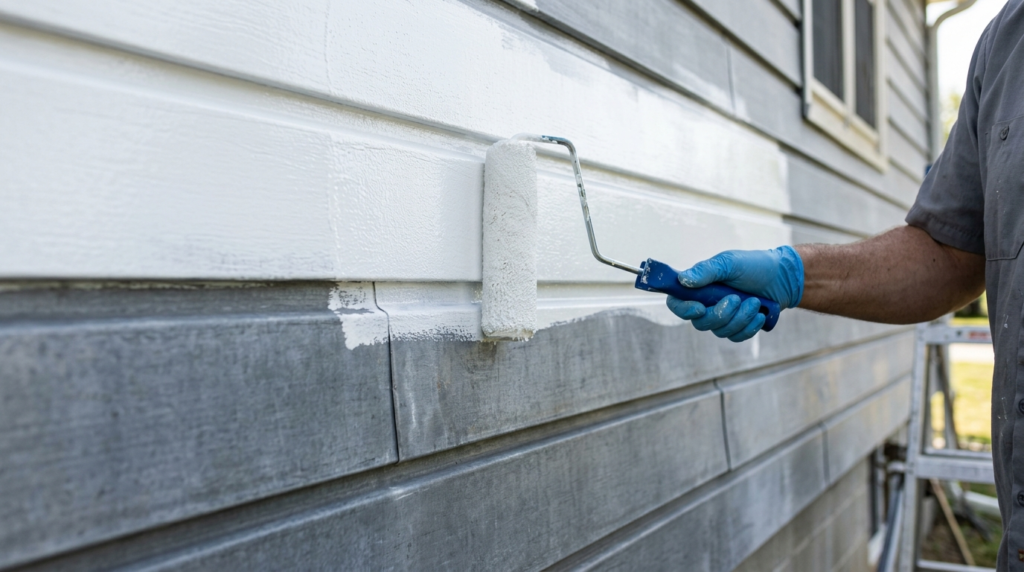 Exterior paint being applied to prepared aluminum siding
